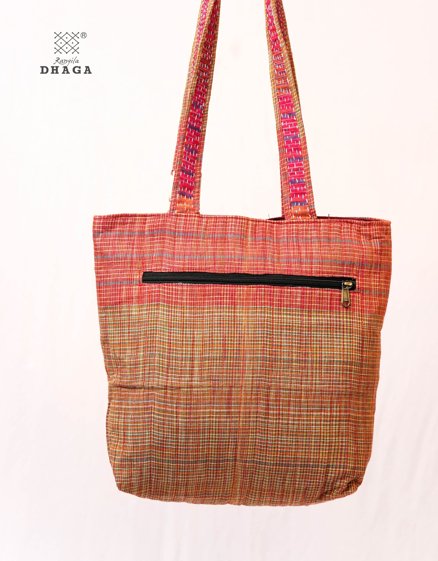 Red Hand Embroidered Gamcha Pakhi Tote Bag with Hand Embroidered Handle  Bag113