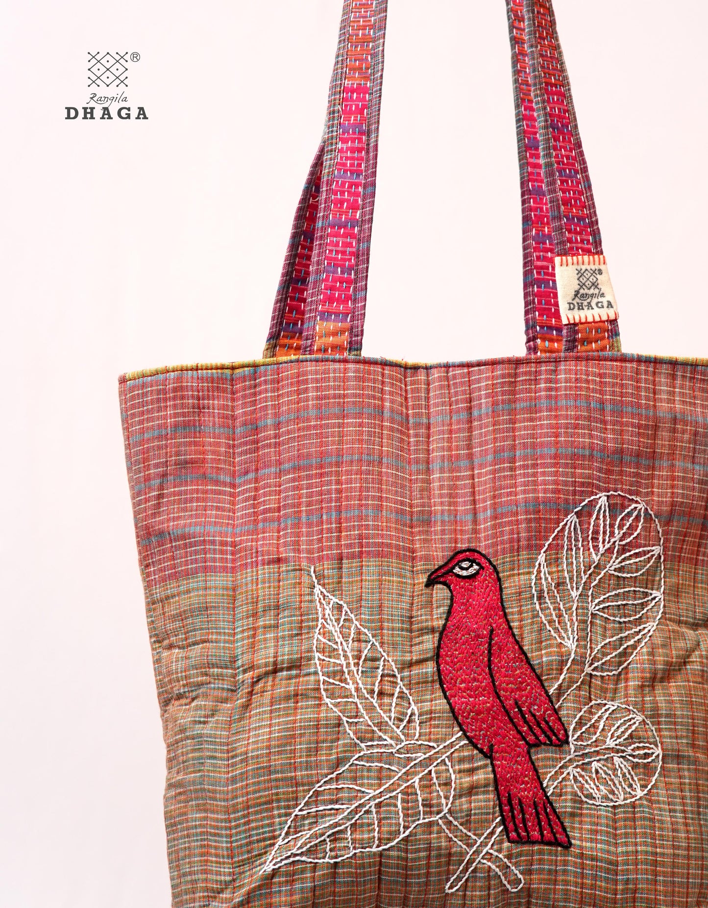 Red Hand Embroidered Gamcha Pakhi Tote Bag with Hand Embroidered Handle  Bag114