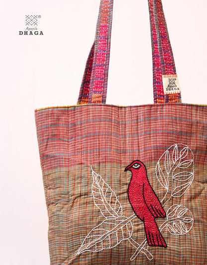 Red Hand Embroidered Gamcha Pakhi Tote Bag with Hand Embroidered Handle  Bag114