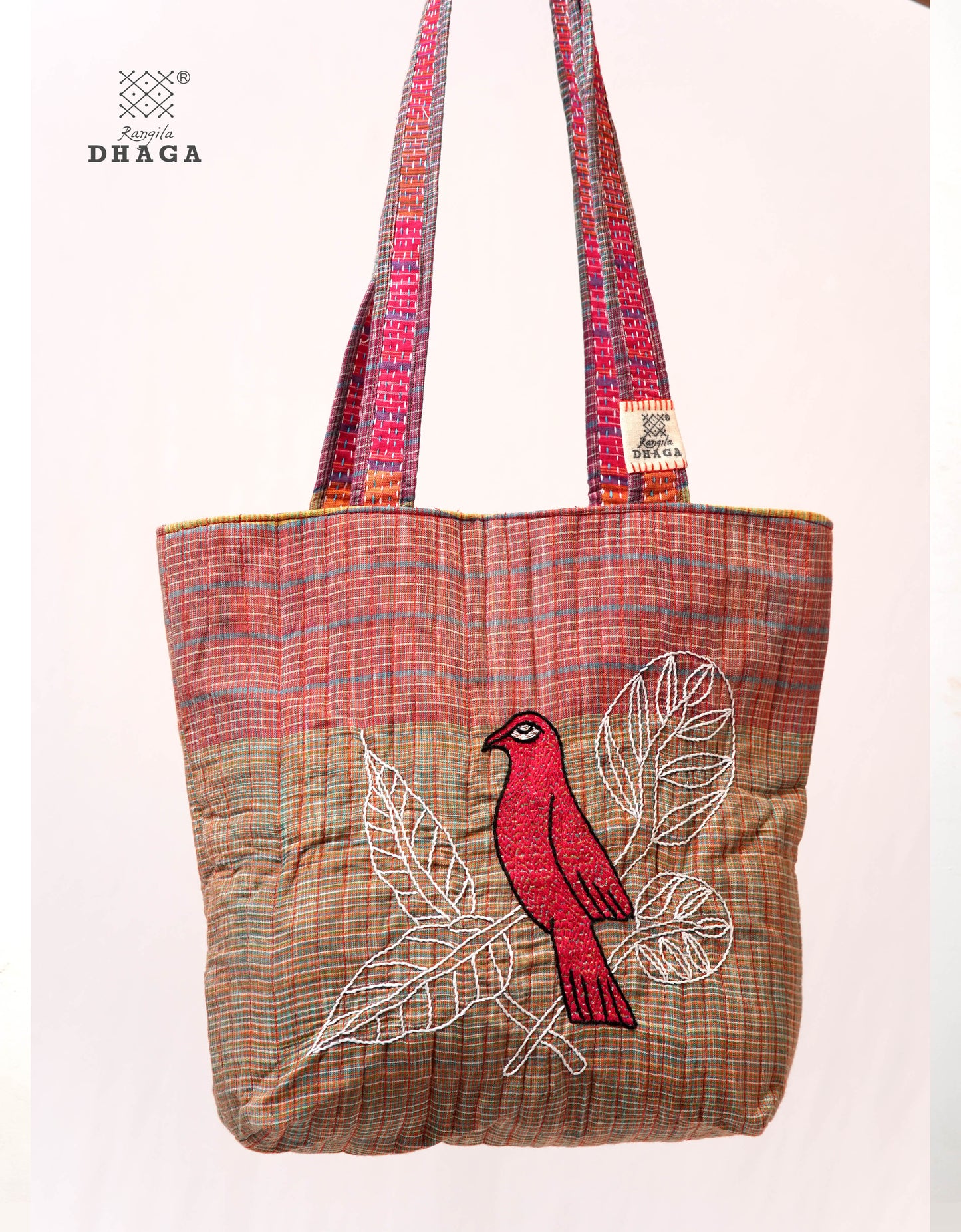 Red Hand Embroidered Gamcha Pakhi Tote Bag with Hand Embroidered Handle  Bag114