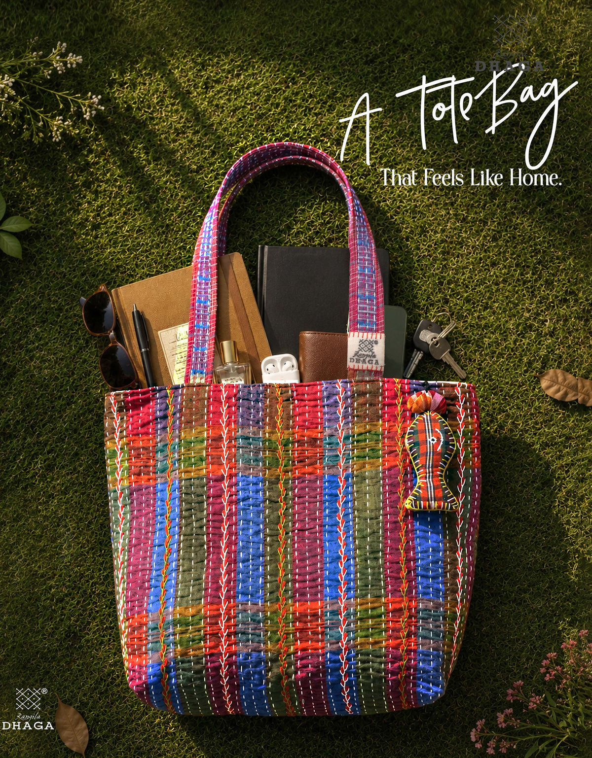 Hand-Embroidered Cotton Gamcha Tote Bag | Multicolor Artisan Shoulder Tote with Zip Closure & Multiple Pockets  107