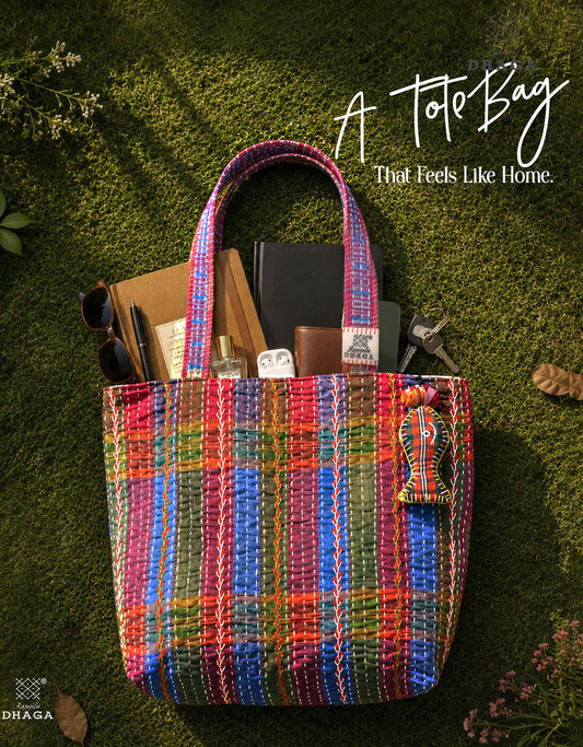 Hand-Embroidered Cotton Gamcha Tote Bag | Multicolor Artisan Shoulder Tote with Zip Closure & Multiple Pockets  107