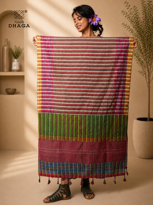 Hand Painted Bird Gamcha Patchwork Dupatta | Handloom Cotton Dupatta with Tassels  (2.5m)- GD022