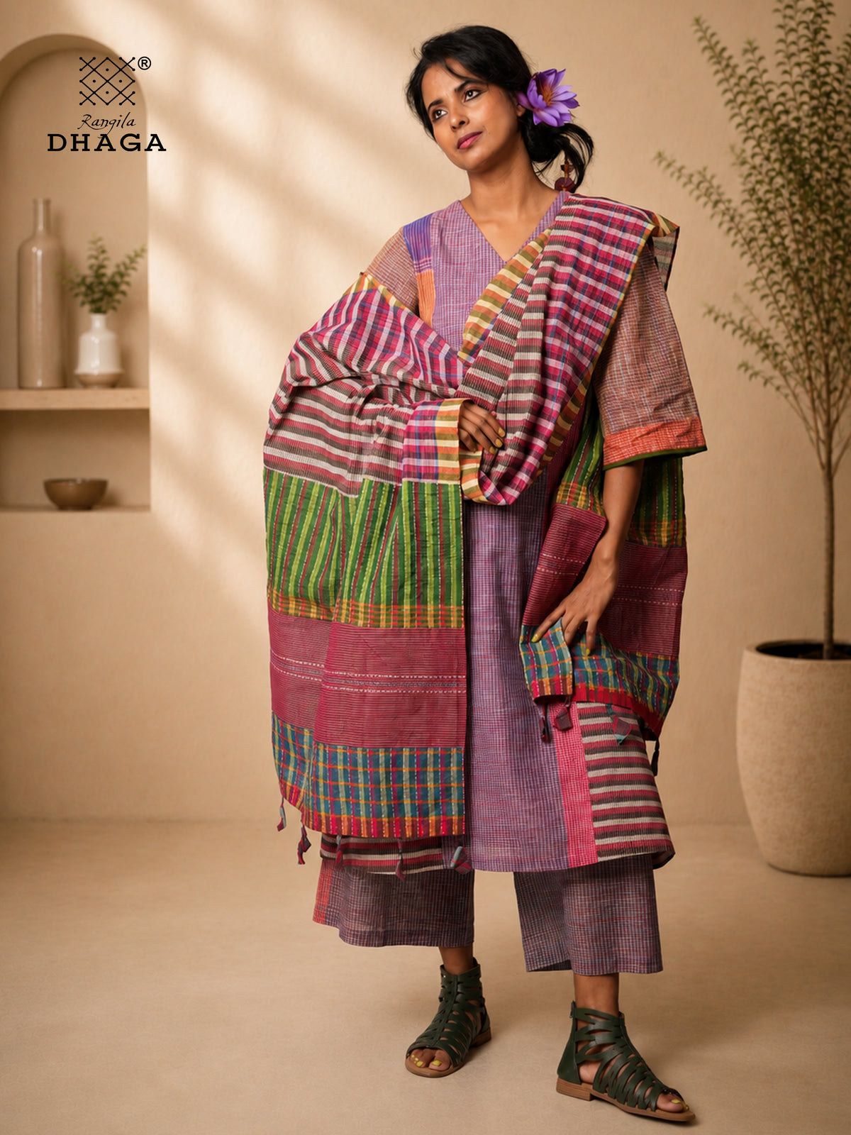 Hand Painted Bird Gamcha Patchwork Dupatta | Handloom Cotton Dupatta with Tassels  (2.5m)- GD022
