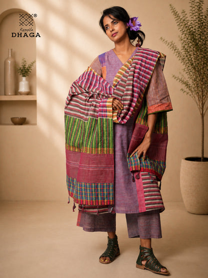 Hand Painted Bird Gamcha Patchwork Dupatta | Handloom Cotton Dupatta with Tassels  (2.5m)- GD022