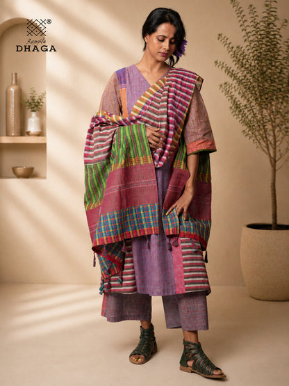 Hand Painted Bird Gamcha Patchwork Dupatta | Handloom Cotton Dupatta with Tassels  (2.5m)- GD022