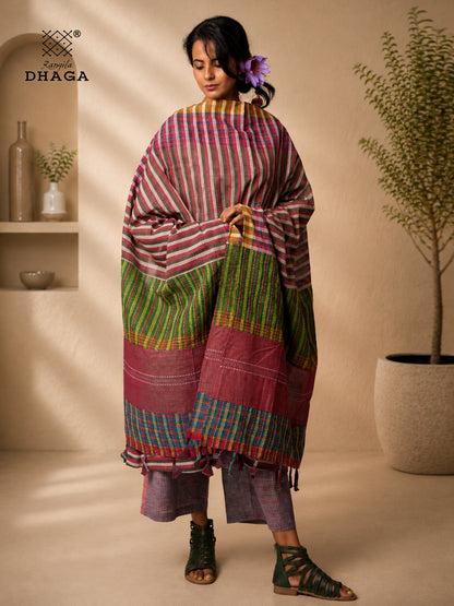 Hand Painted Bird Gamcha Patchwork Dupatta | Handloom Cotton Dupatta with Tassels  (2.5m)- GD022