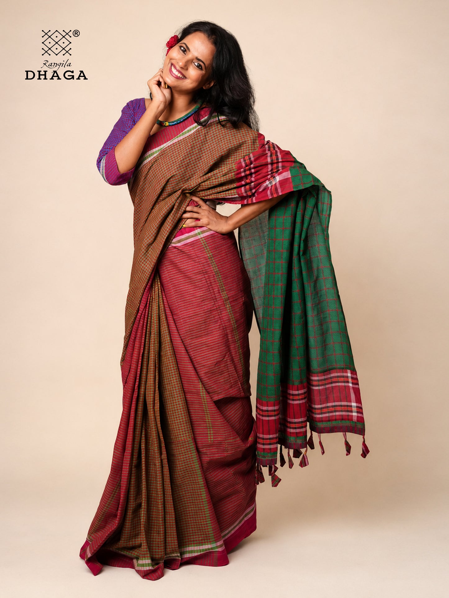 Handloom Gamcha Patchwork Saree – Rust Brown & Green with Red Border and Decorative Tassel Pallu  GS152