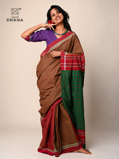Handloom Gamcha Patchwork Saree – Rust Brown & Green with Red Border and Decorative Tassel Pallu  GS152