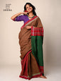 Handloom Gamcha Patchwork Saree – Rust Brown & Green with Red Border and Decorative Tassel Pallu  GS152