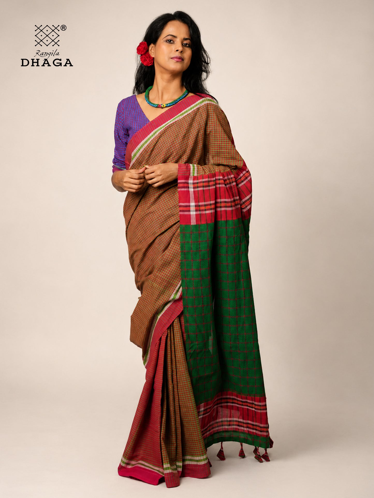 Handloom Gamcha Patchwork Saree – Rust Brown & Green with Red Border and Decorative Tassel Pallu  GS152