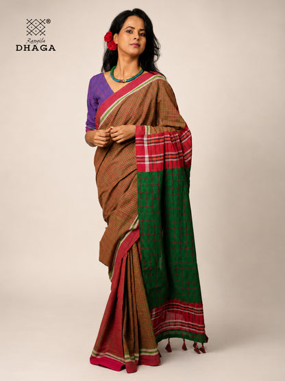 Handloom Gamcha Patchwork Saree – Rust Brown & Green with Red Border and Decorative Tassel Pallu  GS152