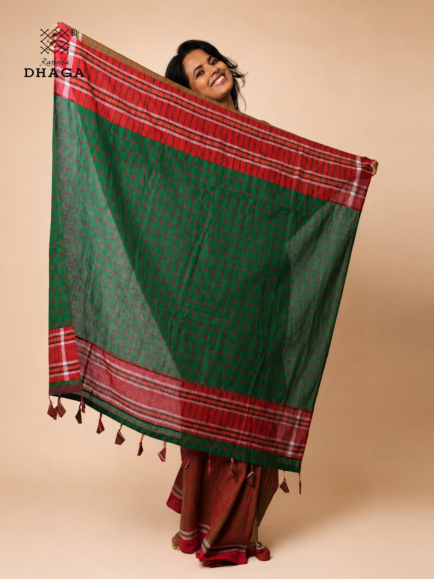 Handloom Gamcha Patchwork Saree – Rust Brown & Green with Red Border and Decorative Tassel Pallu  GS152