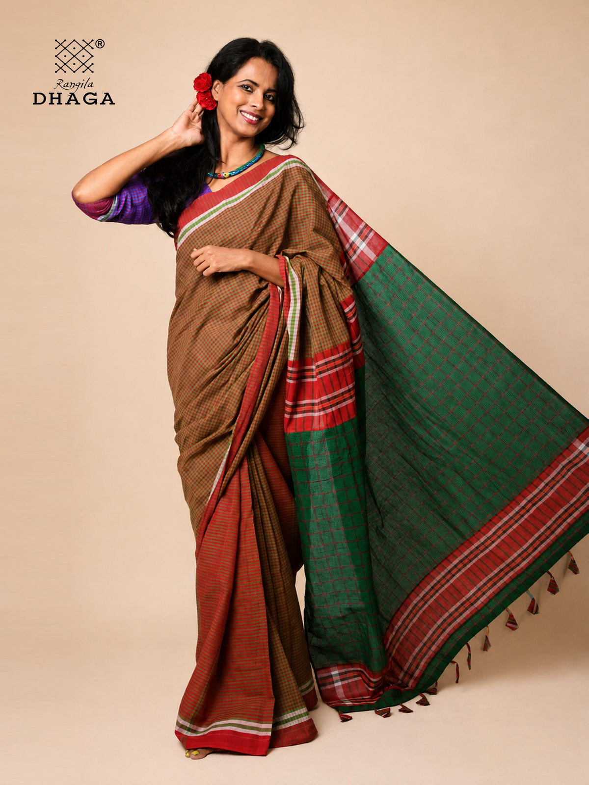 Handloom Gamcha Patchwork Saree – Rust Brown & Green with Red Border and Decorative Tassel Pallu  GS152