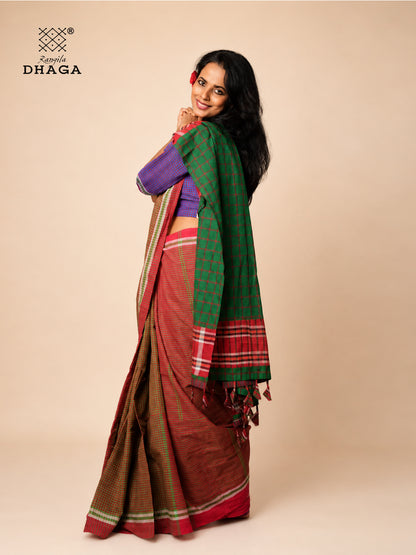Handloom Gamcha Patchwork Saree – Rust Brown & Green with Red Border and Decorative Tassel Pallu  GS152