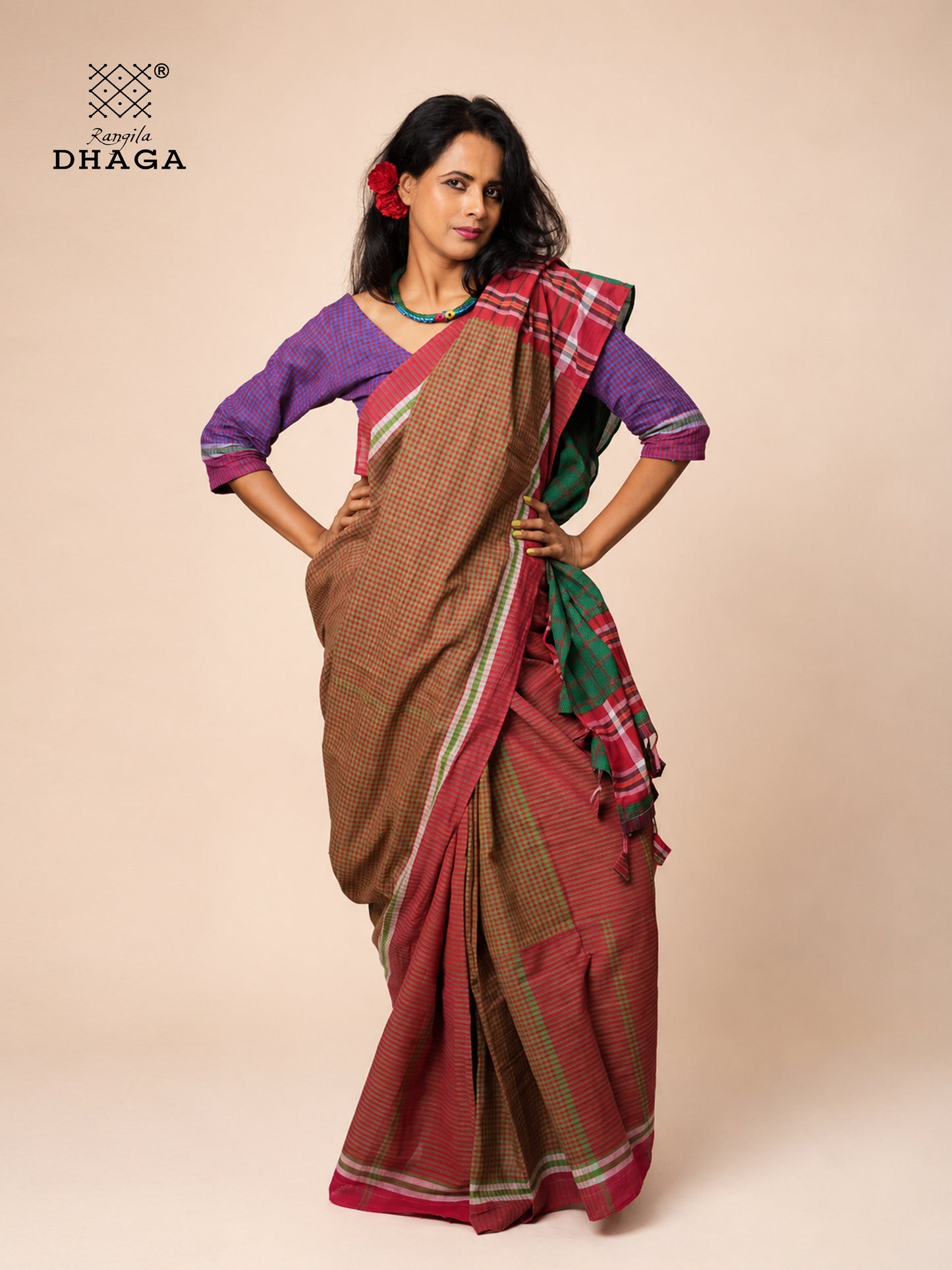 Handloom Gamcha Patchwork Saree – Rust Brown & Green with Red Border and Decorative Tassel Pallu  GS152