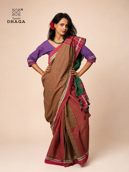 Handloom Gamcha Patchwork Saree – Rust Brown & Green with Red Border and Decorative Tassel Pallu  GS152