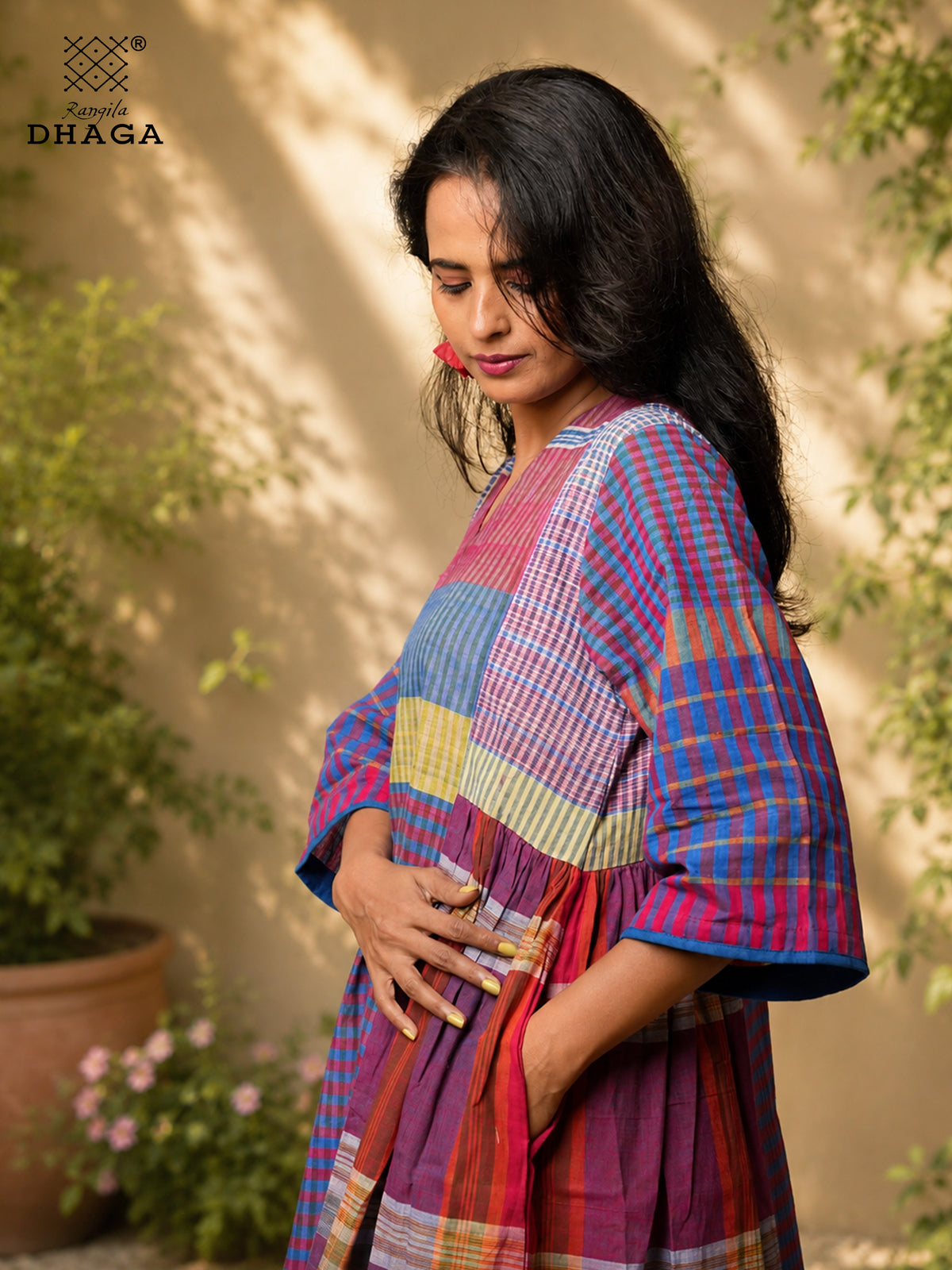 Handloom Gamcha Yoke Gathered Dress with Pockets |Rangila Dhaga GD55