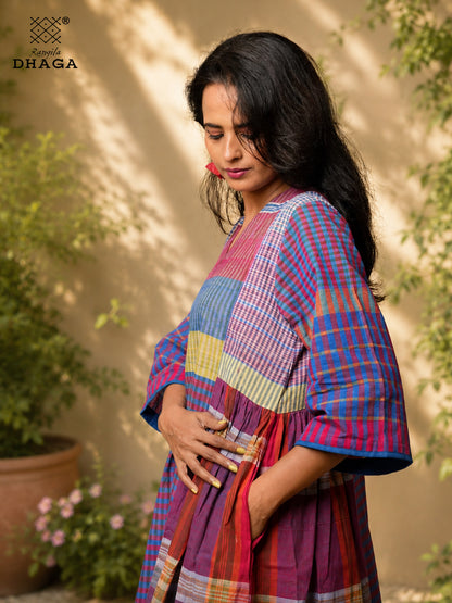 Handloom Gamcha Yoke Gathered Dress with Pockets |Rangila Dhaga GD55