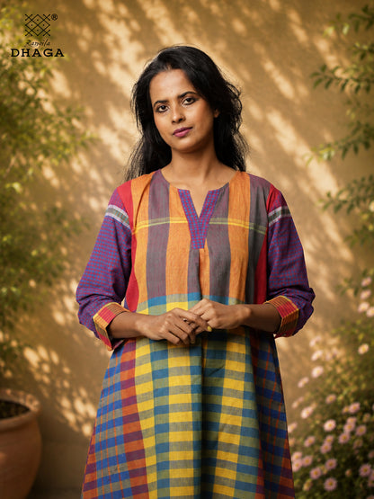 Handloom Gamcha Cotton Multicolour Dress with Pockets | Rangila Dhaga  K13