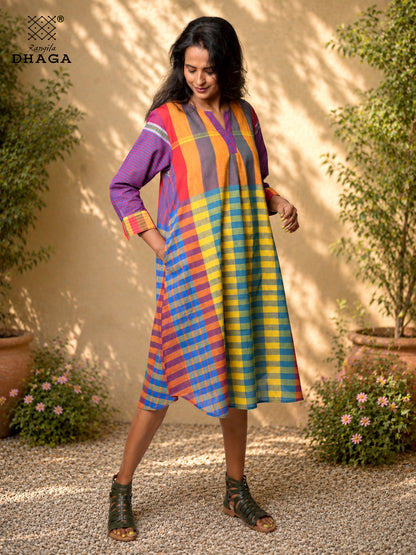 Handloom Gamcha Cotton Multicolour Dress with Pockets | Rangila Dhaga  K13