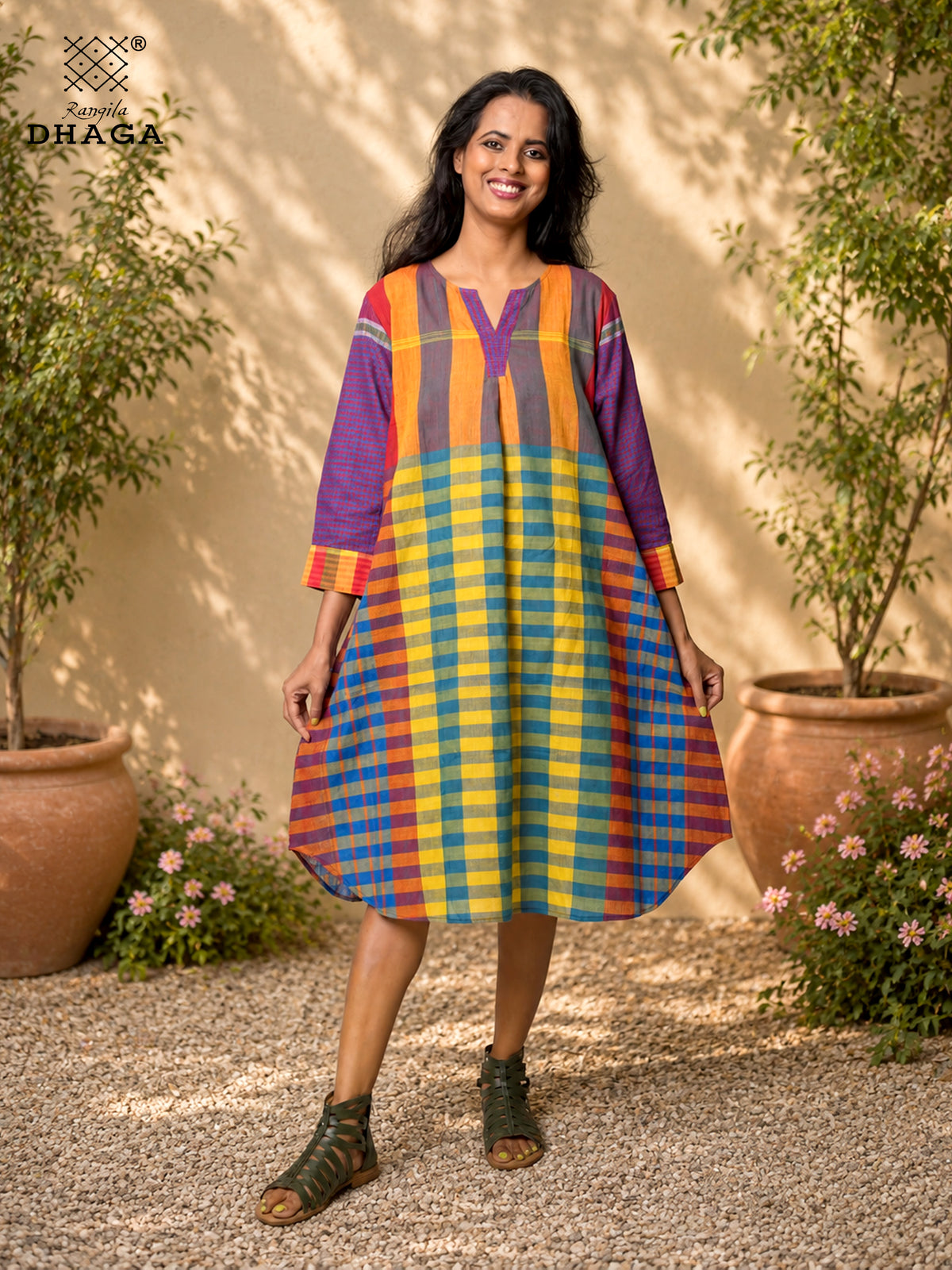 Handloom Gamcha Cotton Multicolour Dress with Pockets | Rangila Dhaga  K13