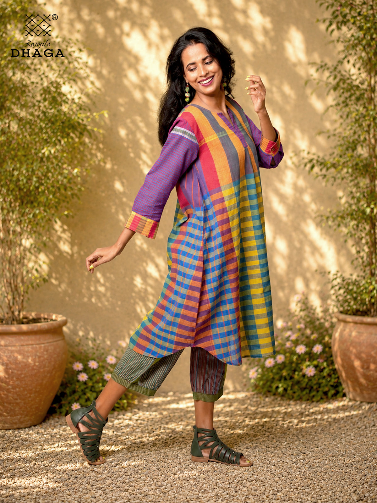Handloom Gamcha Cotton Multicolour Dress with Pockets | Rangila Dhaga  K13