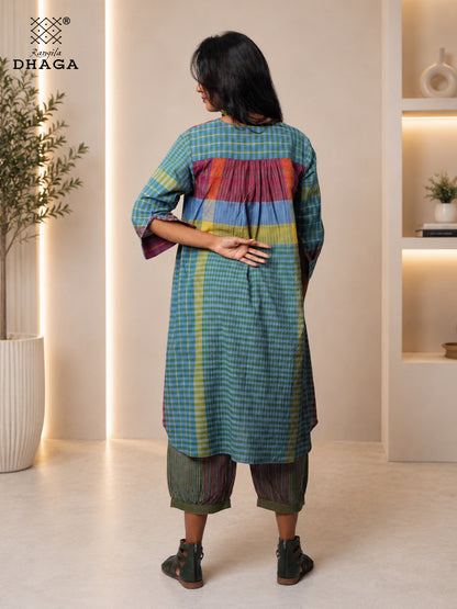 Rangila Mosaic – Handloom Gamcha A-line silhouette dress Cum Kurti & Pant Set K11