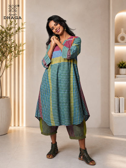 Rangila Mosaic – Handloom Gamcha A-line silhouette dress Cum Kurti & Pant Set K11