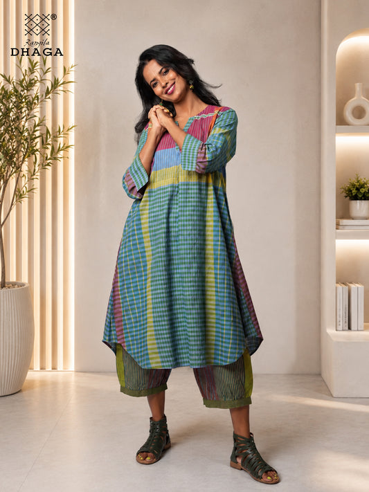 Rangila Mosaic – Handloom Gamcha A-line silhouette dress Cum Kurti & Pant Set K11