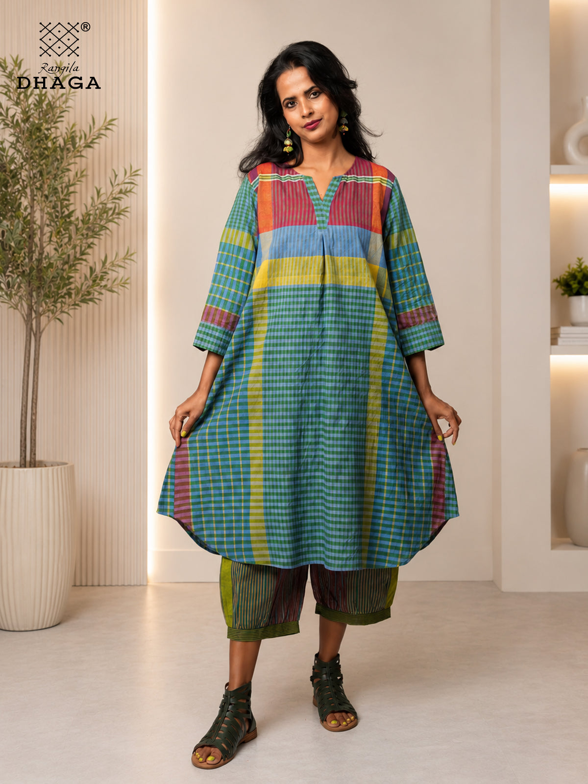 Rangila Mosaic – Handloom Gamcha A-line silhouette dress Cum Kurti & Pant Set K11