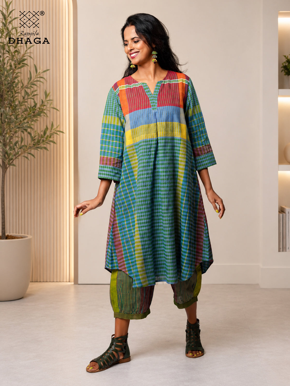 Rangila Mosaic – Handloom Gamcha A-line silhouette dress Cum Kurti & Pant Set K11