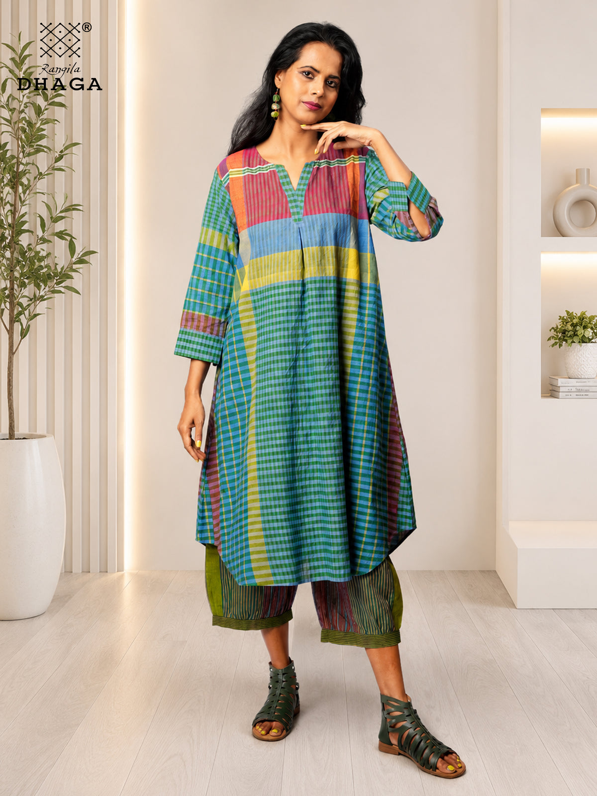 Rangila Mosaic – Handloom Gamcha A-line silhouette dress Cum Kurti & Pant Set K11