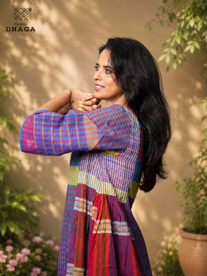 Handloom Gamcha Yoke Gathered Dress with Pockets |Rangila Dhaga GD55
