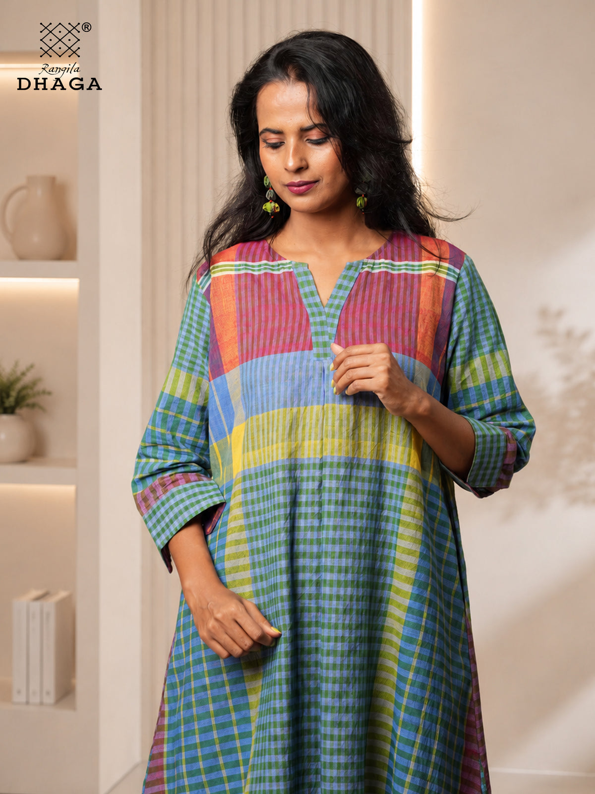 Rangila Mosaic – Handloom Gamcha A-line silhouette dress Cum Kurti & Pant Set K11