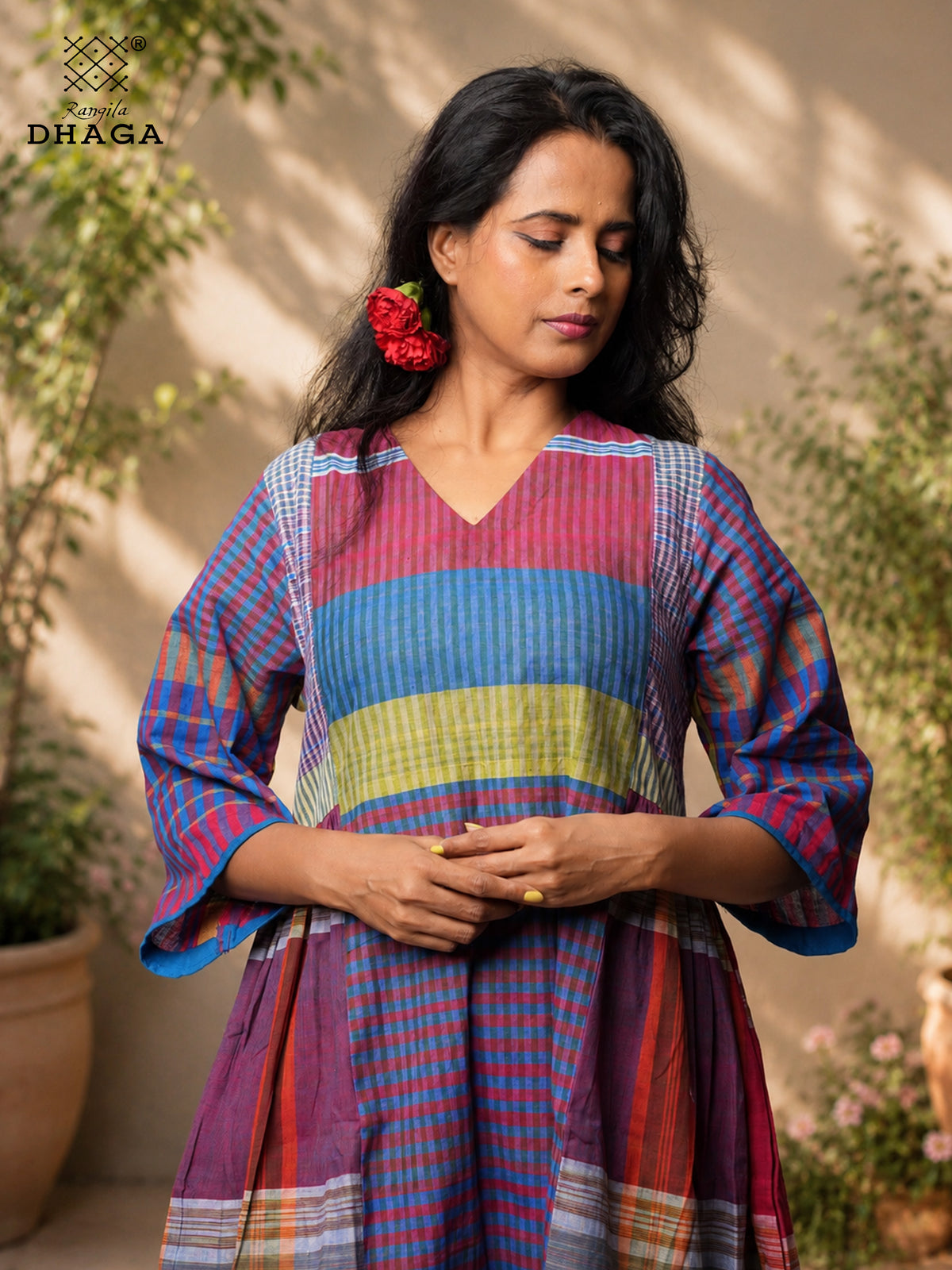 Handloom Gamcha Yoke Gathered Dress with Pockets |Rangila Dhaga GD55
