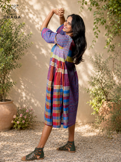 Handloom Gamcha Yoke Gathered Dress with Pockets |Rangila Dhaga GD55