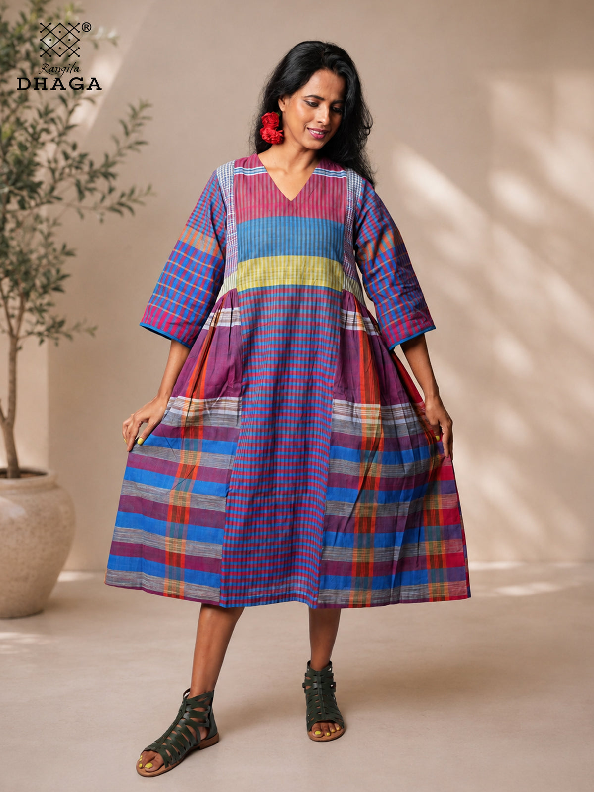 Handloom Gamcha Yoke Gathered Dress with Pockets |Rangila Dhaga GD55