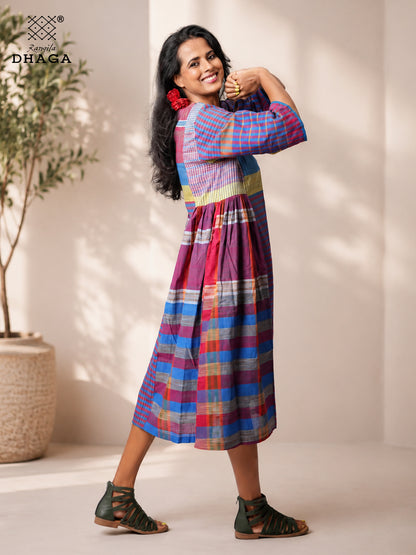 Handloom Gamcha Yoke Gathered Dress with Pockets |Rangila Dhaga GD55