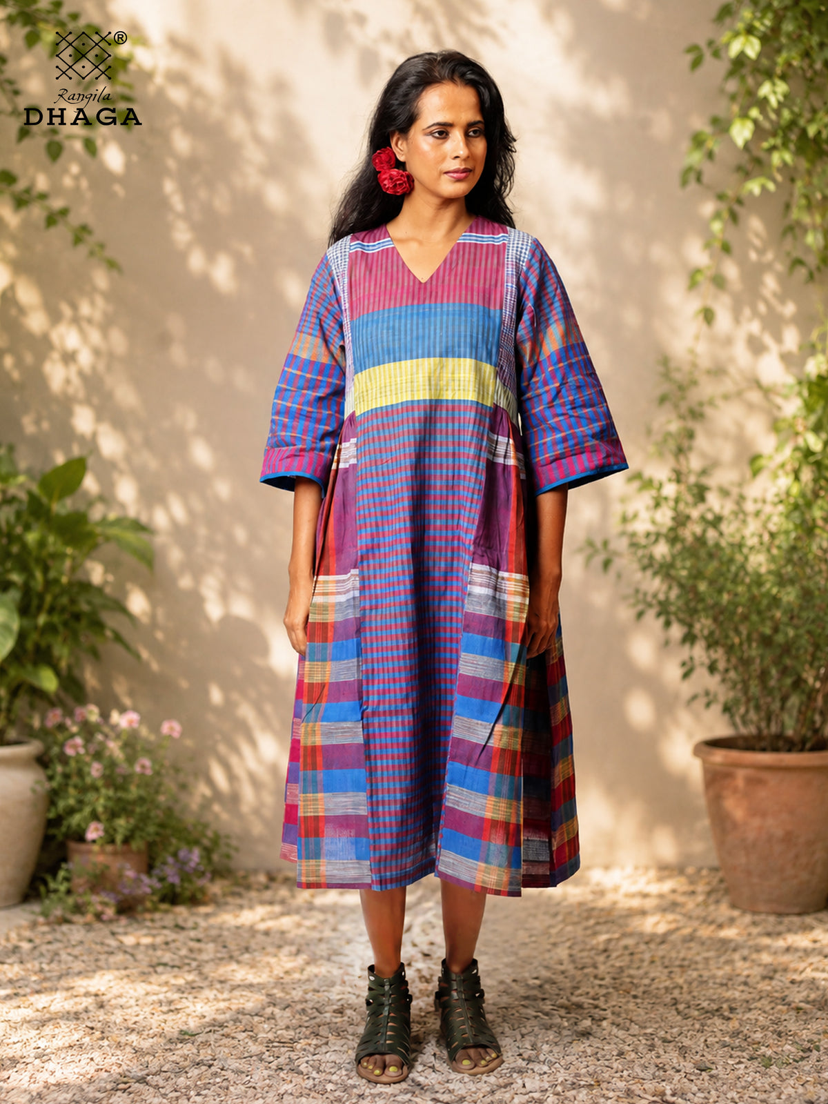 Handloom Gamcha Yoke Gathered Dress with Pockets |Rangila Dhaga GD55