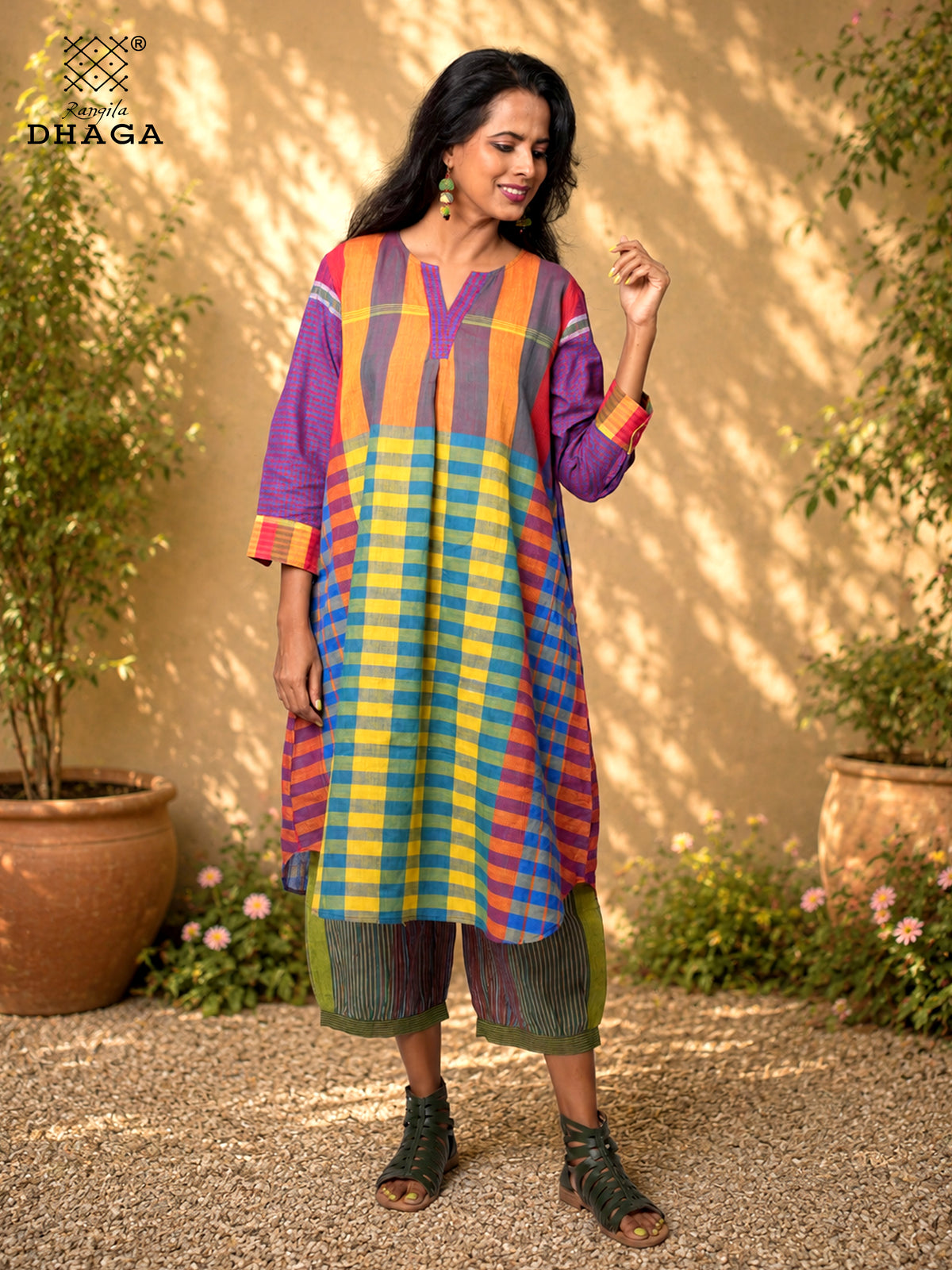 Handloom Gamcha Cotton Multicolour Dress with Pockets | Rangila Dhaga  K13