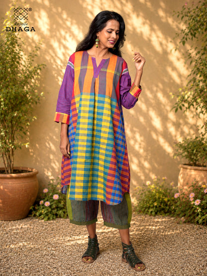 Handloom Gamcha Cotton Multicolour Dress with Pockets | Rangila Dhaga  K13