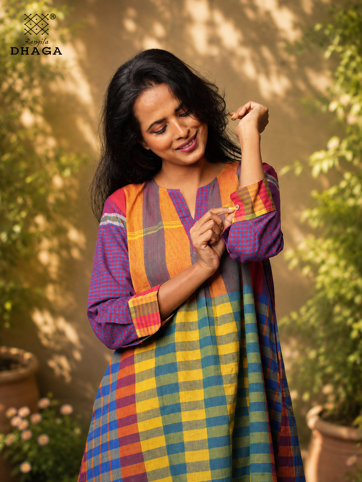 Handloom Gamcha Cotton Multicolour Dress with Pockets | Rangila Dhaga  K13