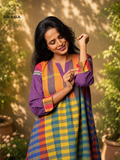 Handloom Gamcha Cotton Multicolour Dress with Pockets | Rangila Dhaga  K13