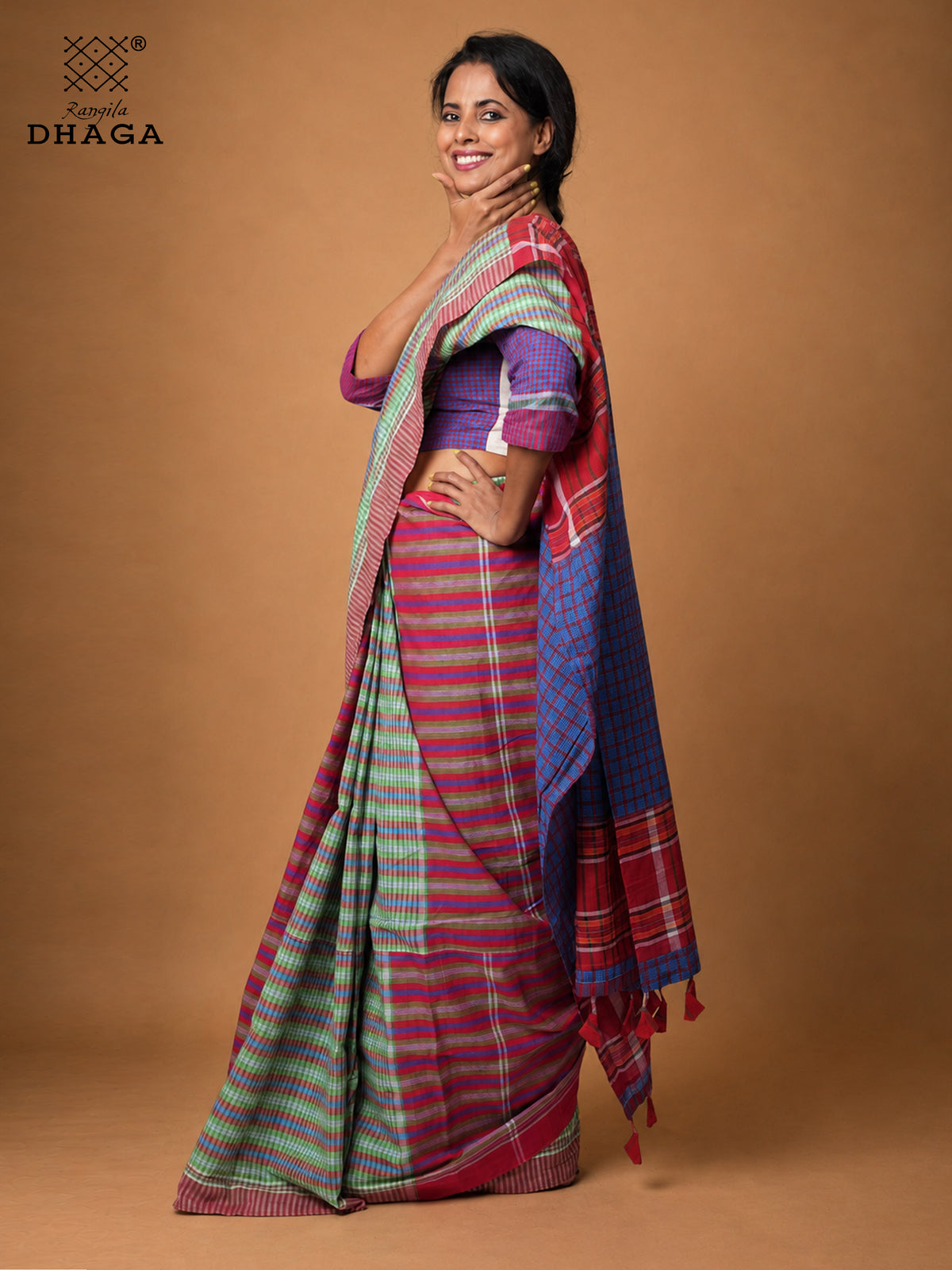 Handloom Gamcha Patchwork Saree – Multicolour Green, Red & Blue with Decorative Tassel Pallu Rangila Dhaga GS151