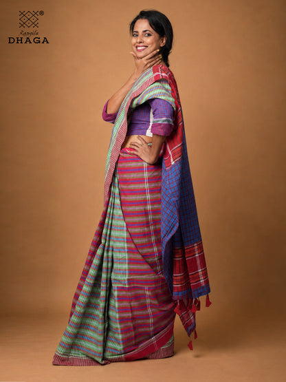 Handloom Gamcha Patchwork Saree – Multicolour Green, Red & Blue with Decorative Tassel Pallu Rangila Dhaga GS151