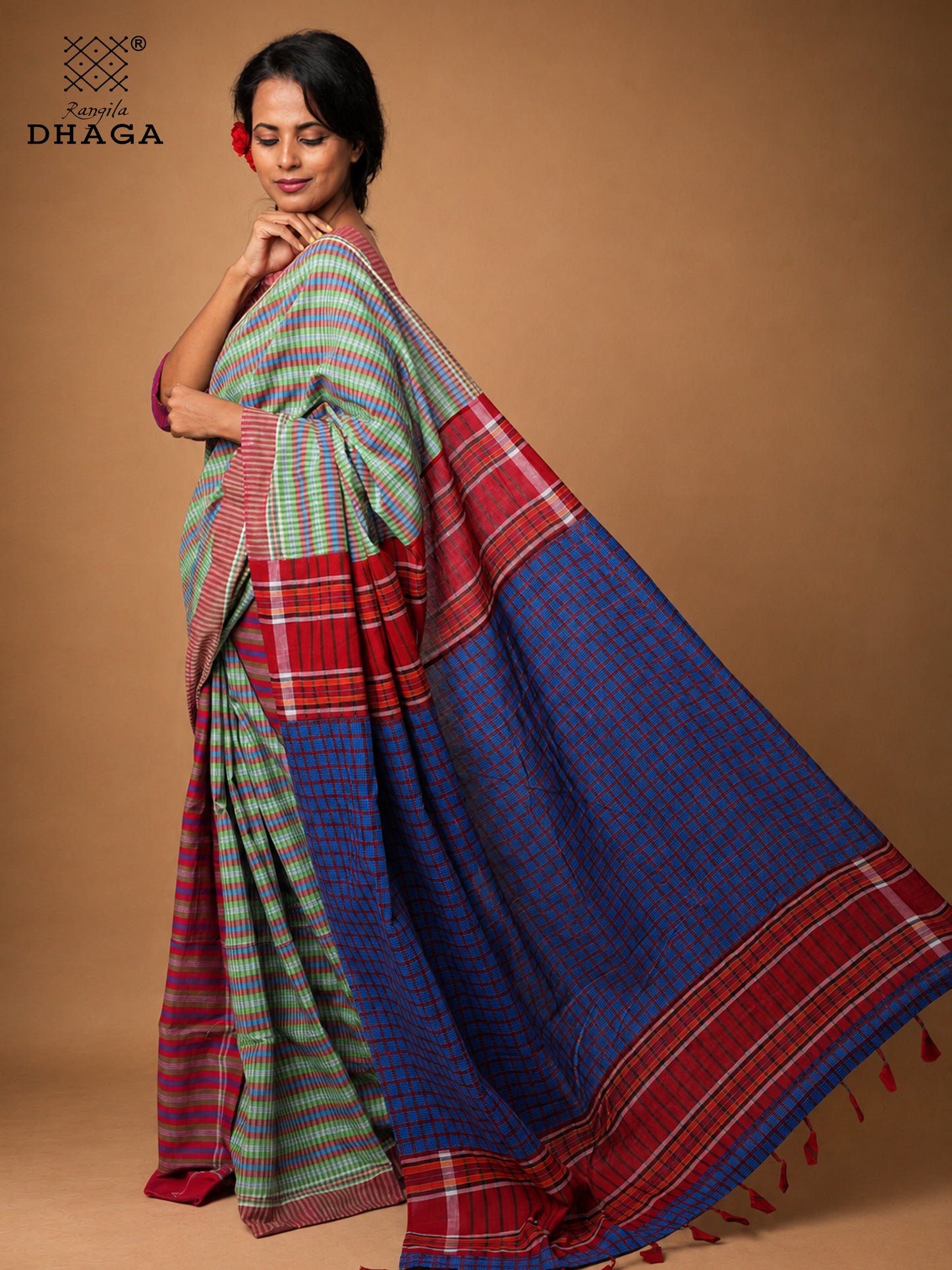 Handloom Gamcha Patchwork Saree – Multicolour Green, Red & Blue with Decorative Tassel Pallu Rangila Dhaga GS151