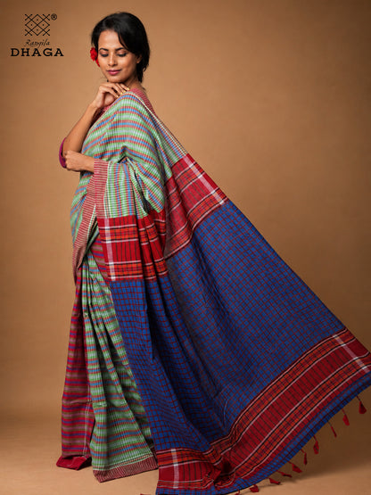 Handloom Gamcha Patchwork Saree – Multicolour Green, Red & Blue with Decorative Tassel Pallu Rangila Dhaga GS151