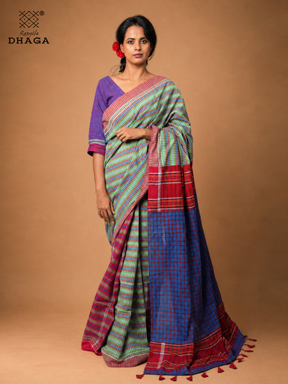 Handloom Gamcha Patchwork Saree – Multicolour Green, Red & Blue with Decorative Tassel Pallu Rangila Dhaga GS151