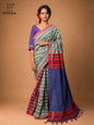 Handloom Gamcha Patchwork Saree – Multicolour Green, Red & Blue with Decorative Tassel Pallu Rangila Dhaga GS151